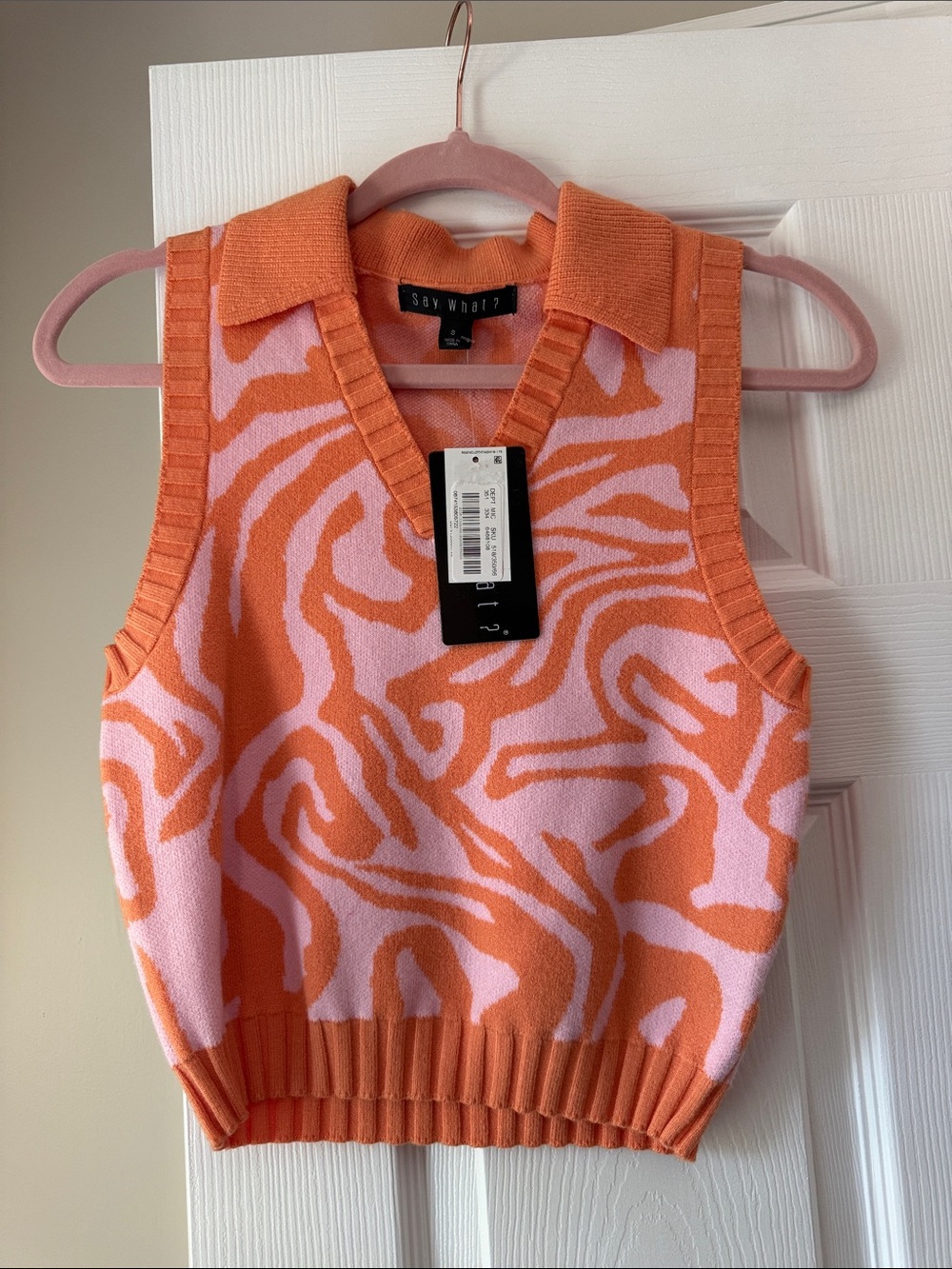 Say What? Pink & Orange Collared V-Neck Knit Sweater Vest